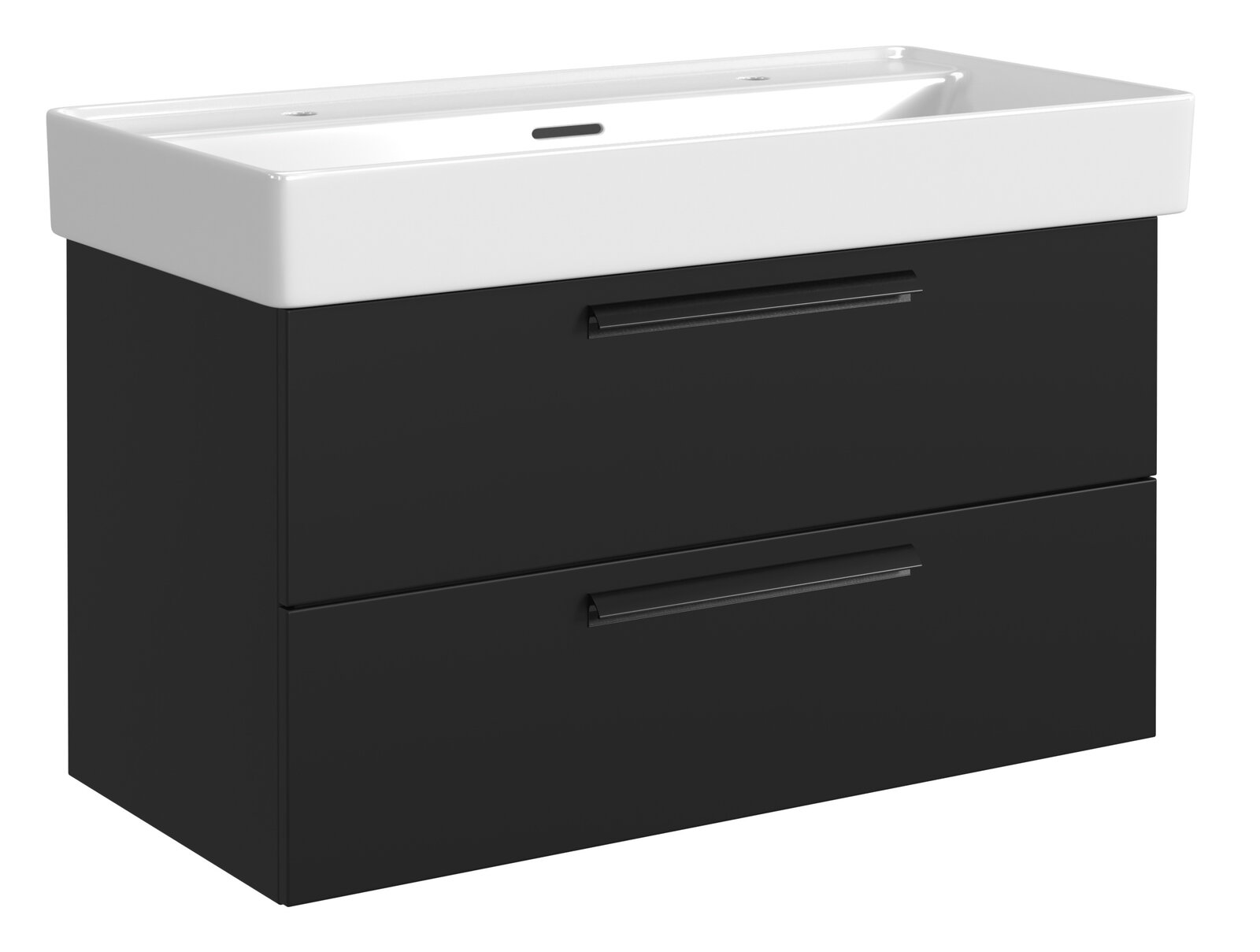 XORA Waschtisch-Set für 2 Armaturen VANNES Schwarzes Waschtisch-Set mit zwei Schubladen und weißem Waschbecken, seitliche Perspektive