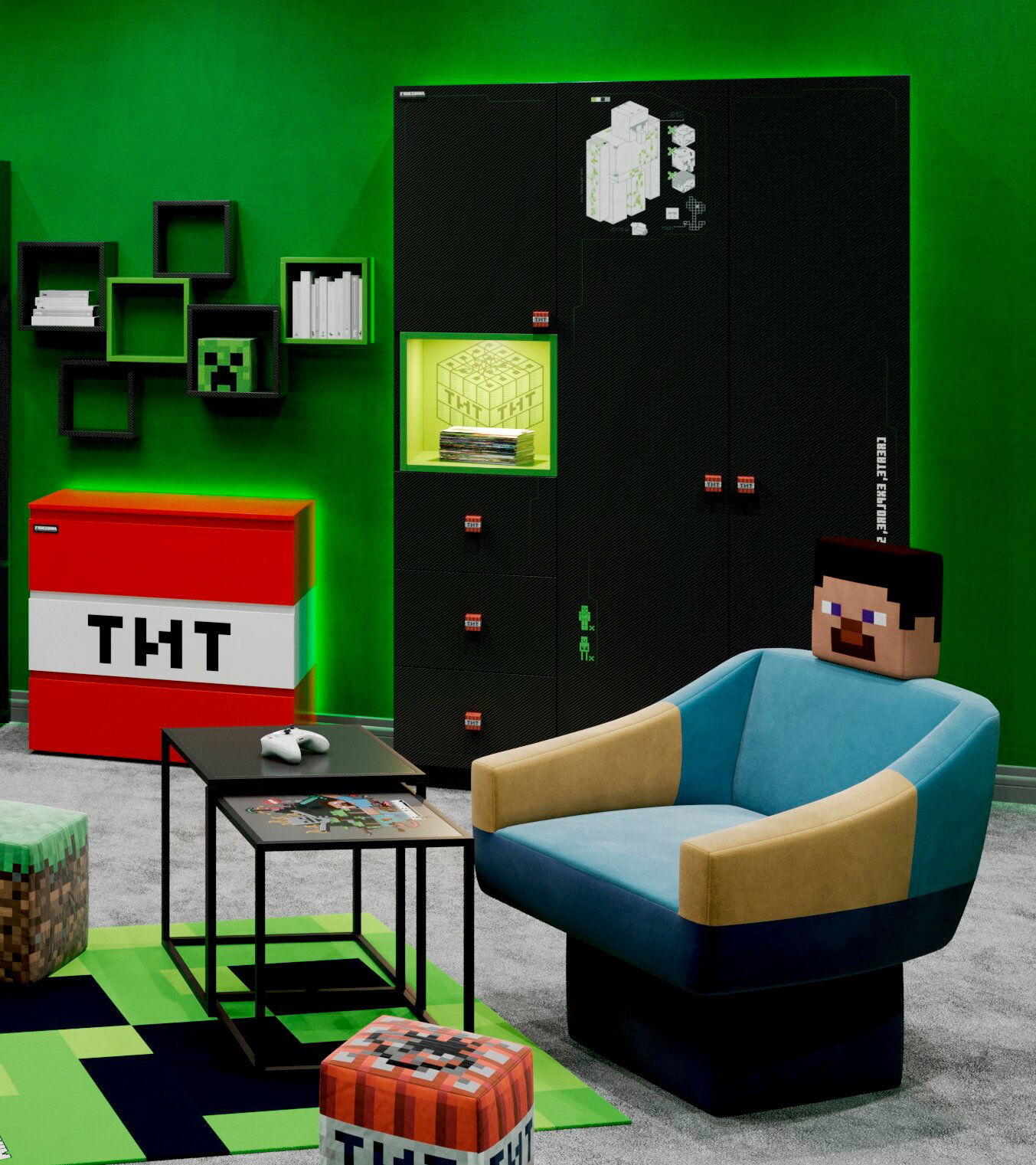 Minecraft-inspiriertes Gaming-Zimmer mit blau-beigem Sessel, schwarzem Schrank und TNT-Deko, aufgenommen aus frontaler Perspektive auf Augenhöhe.