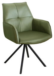 Grüner Armlehnstuhl mit schwarzem Metallgestell, seitliche Perspektive