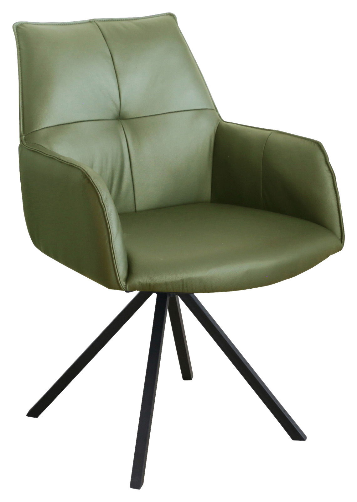 Grüner Armlehnstuhl mit schwarzem Metallgestell, seitliche Perspektive