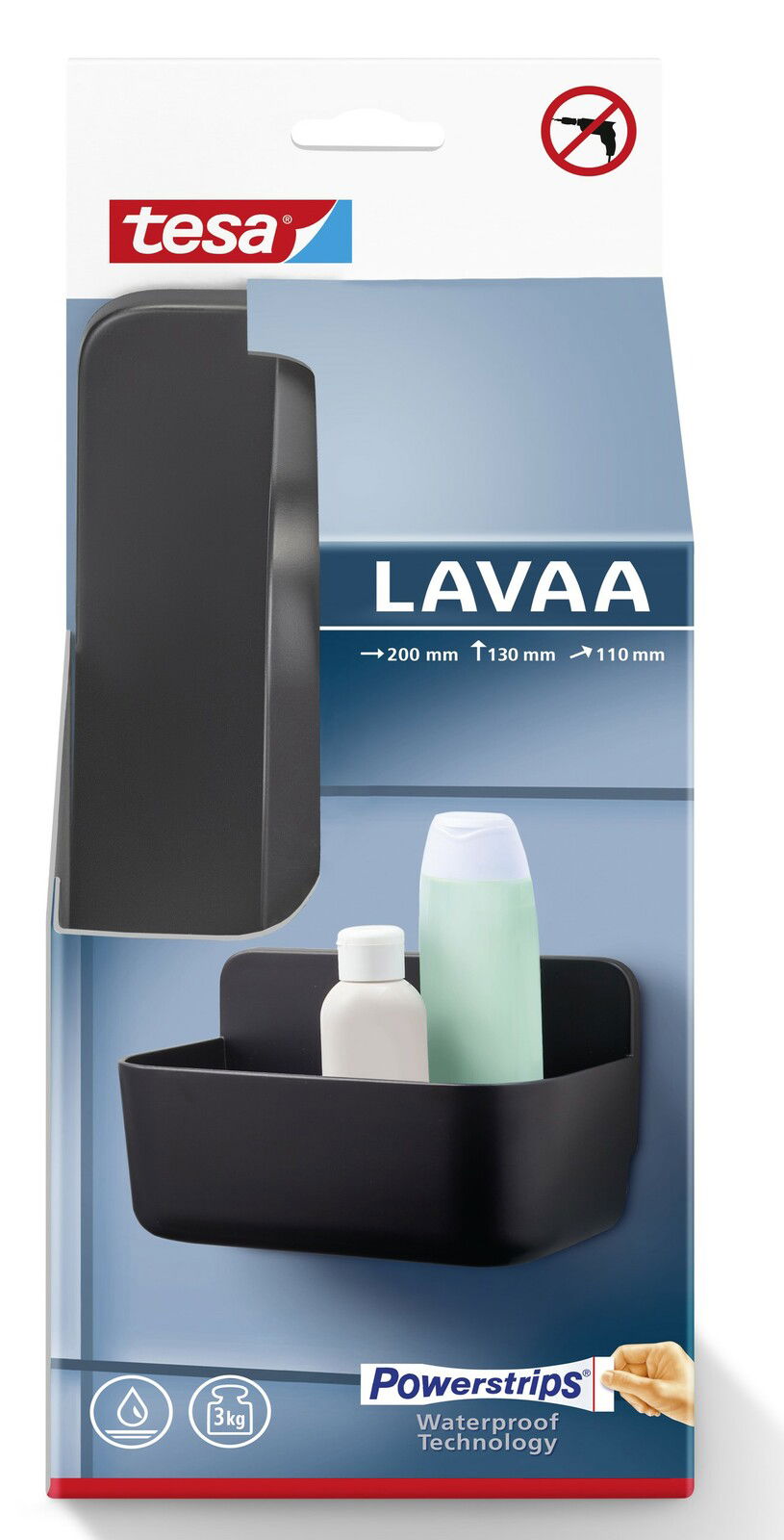 Schwarzer tesa Lavaa Duschkorb S, frontal abgebildet, mit Powerstrips-Technologie, geeignet für die Aufbewahrung von Duschutensilien.