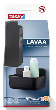 Schwarzer tesa Lavaa Duschkorb S, frontal abgebildet, mit Powerstrips-Technologie, geeignet für die Aufbewahrung von Duschutensilien.