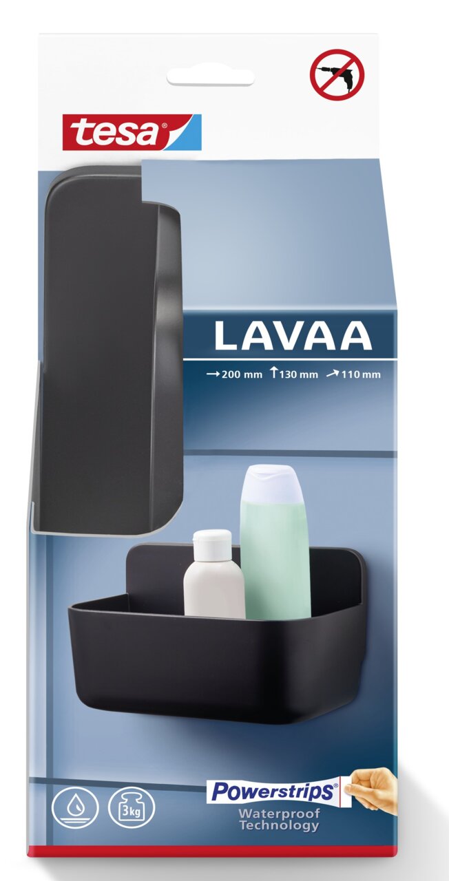 Schwarzer tesa Lavaa Duschkorb S, frontal abgebildet, mit Powerstrips-Technologie, geeignet für die Aufbewahrung von Duschutensilien.