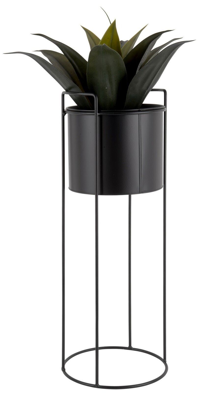 Schwarzer Pflanzkübel auf hohem, schlankem Metallgestell mit grüner Pflanze, seitliche Perspektive