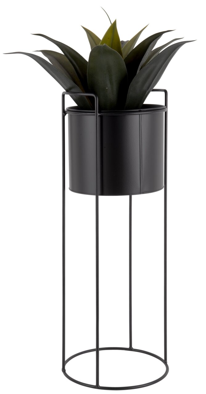 Schwarzer Pflanzkübel auf hohem, schlankem Metallgestell mit grüner Pflanze, seitliche Perspektive