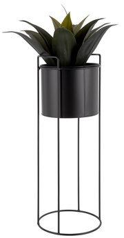 Schwarzer Pflanzkübel auf hohem, schlankem Metallgestell mit grüner Pflanze, seitliche Perspektive