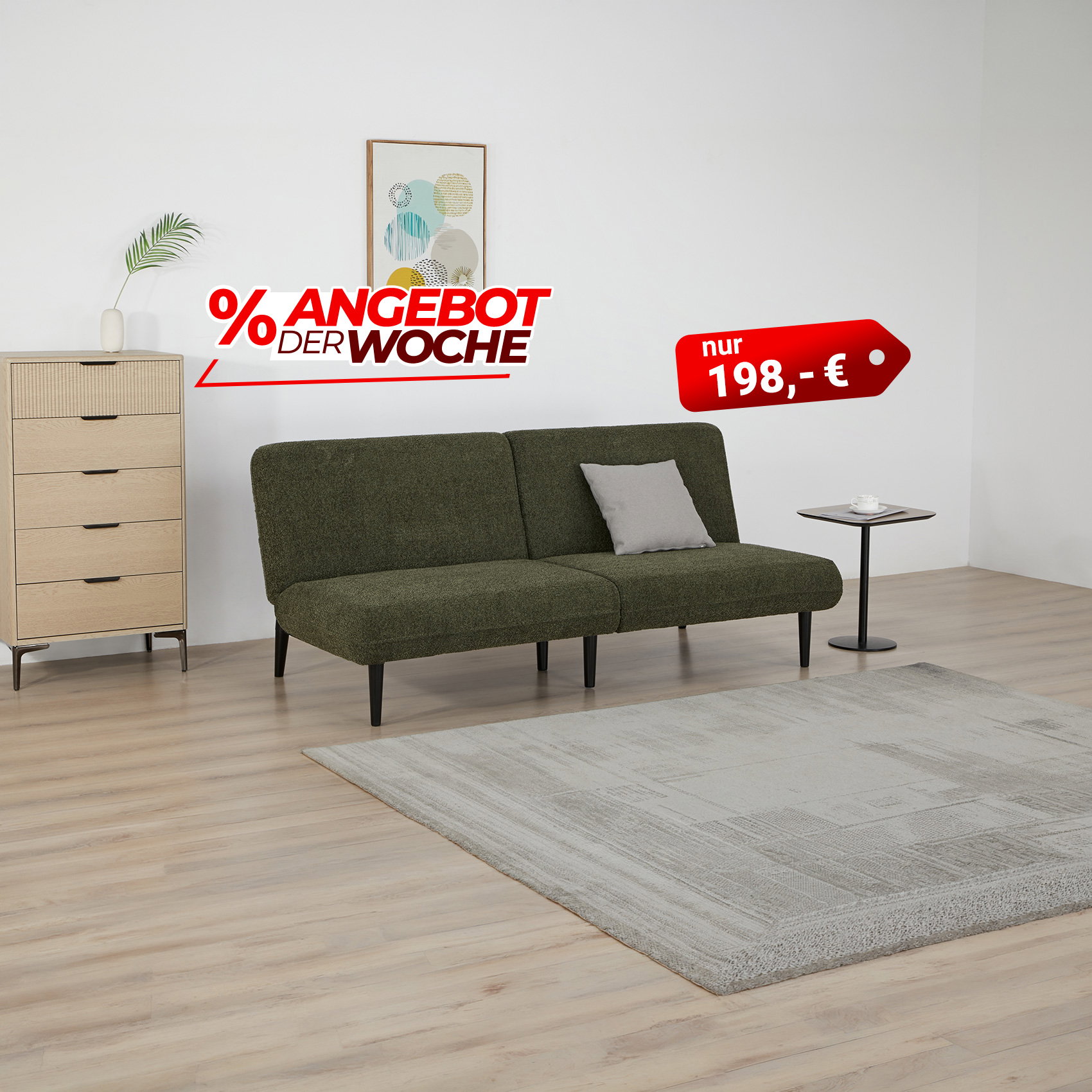 Modernes Wohnzimmer mit grünem Sofa, Angebot der Woche, Sofa für 198 Euro