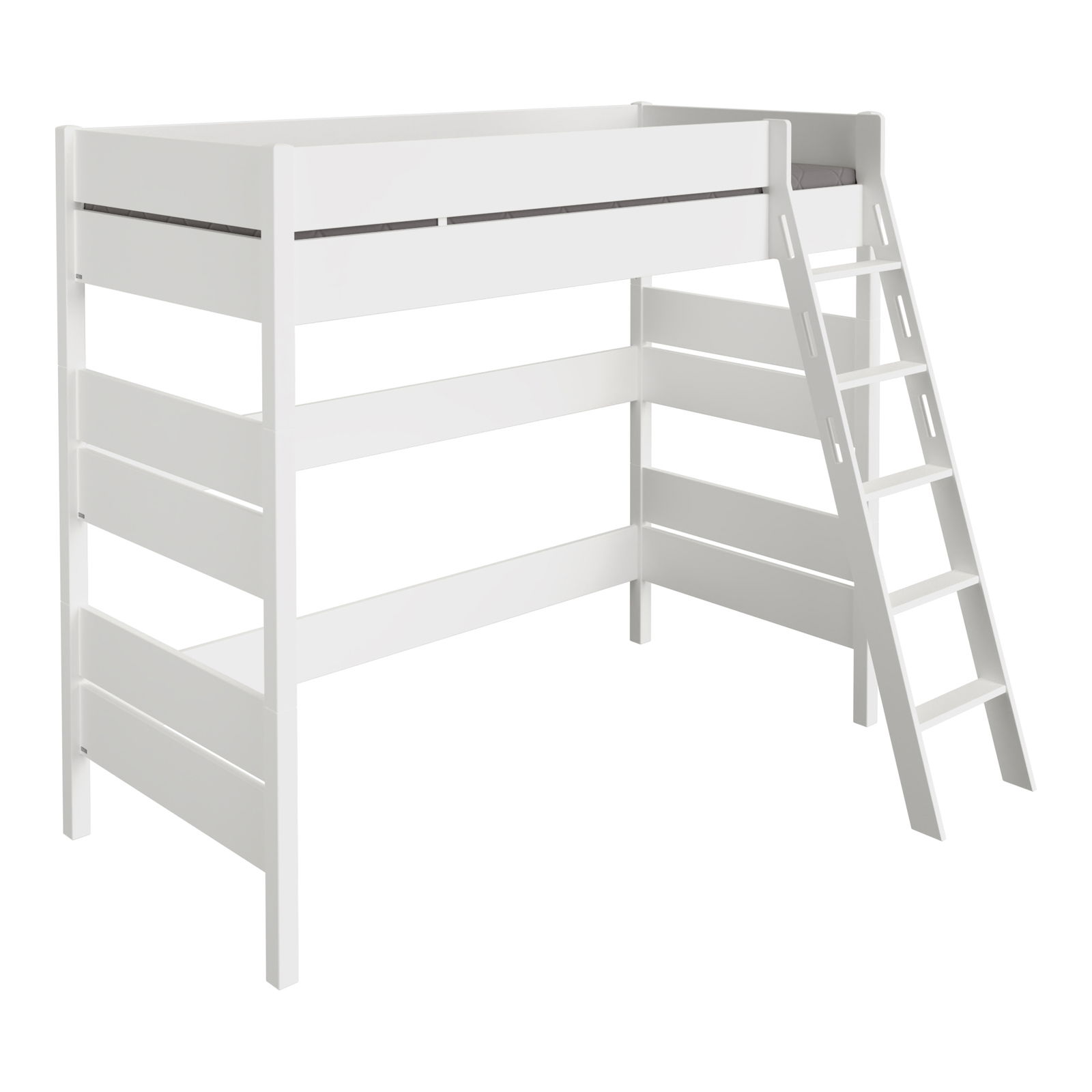 Weißes Hochbett mit Leiter, seitliche Perspektive