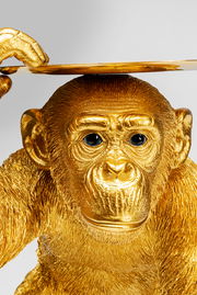 Goldene Deko-Figur eines Schimpansen-Butlers, der ein Tablett hält, Frontalansicht