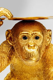 Goldene Deko-Figur eines Schimpansen-Butlers, der ein Tablett hält, Frontalansicht