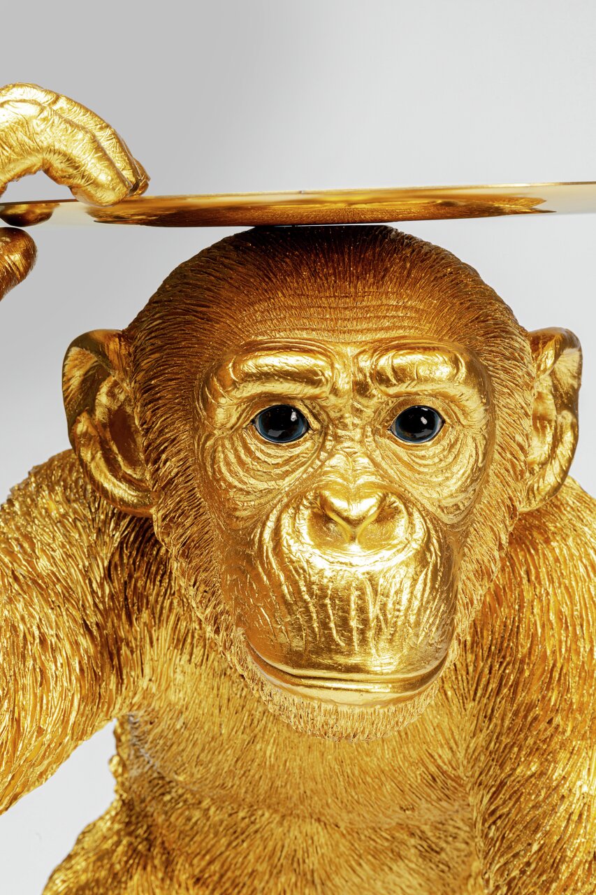 Goldene Deko-Figur eines Schimpansen-Butlers, der ein Tablett hält, Frontalansicht