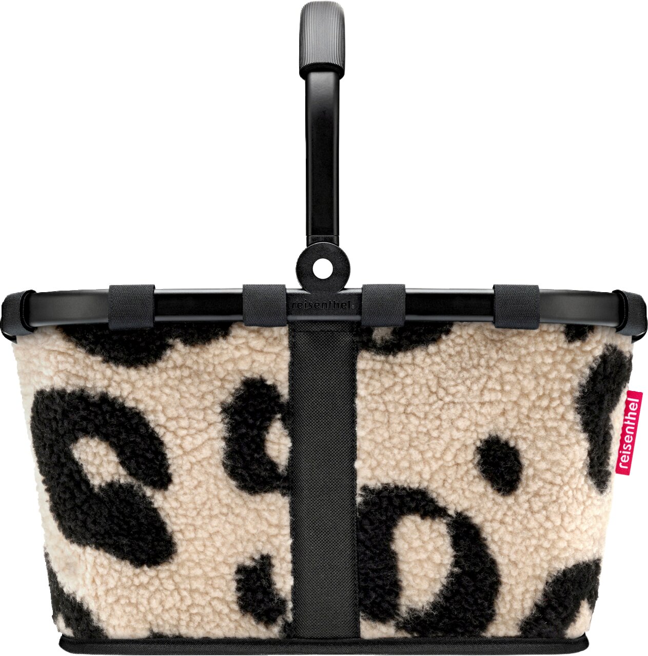 Reisenthel Einkaufskorb aus teddyartigem Stoff mit Leopardenmuster in Beige und Schwarz, schwarzem Klappbügel und Gurtband, Frontalansicht