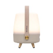 Frontansicht einer tragbaren Lampe mit Holzgriff und drei Beinen, leuchtend in sanftem Licht.