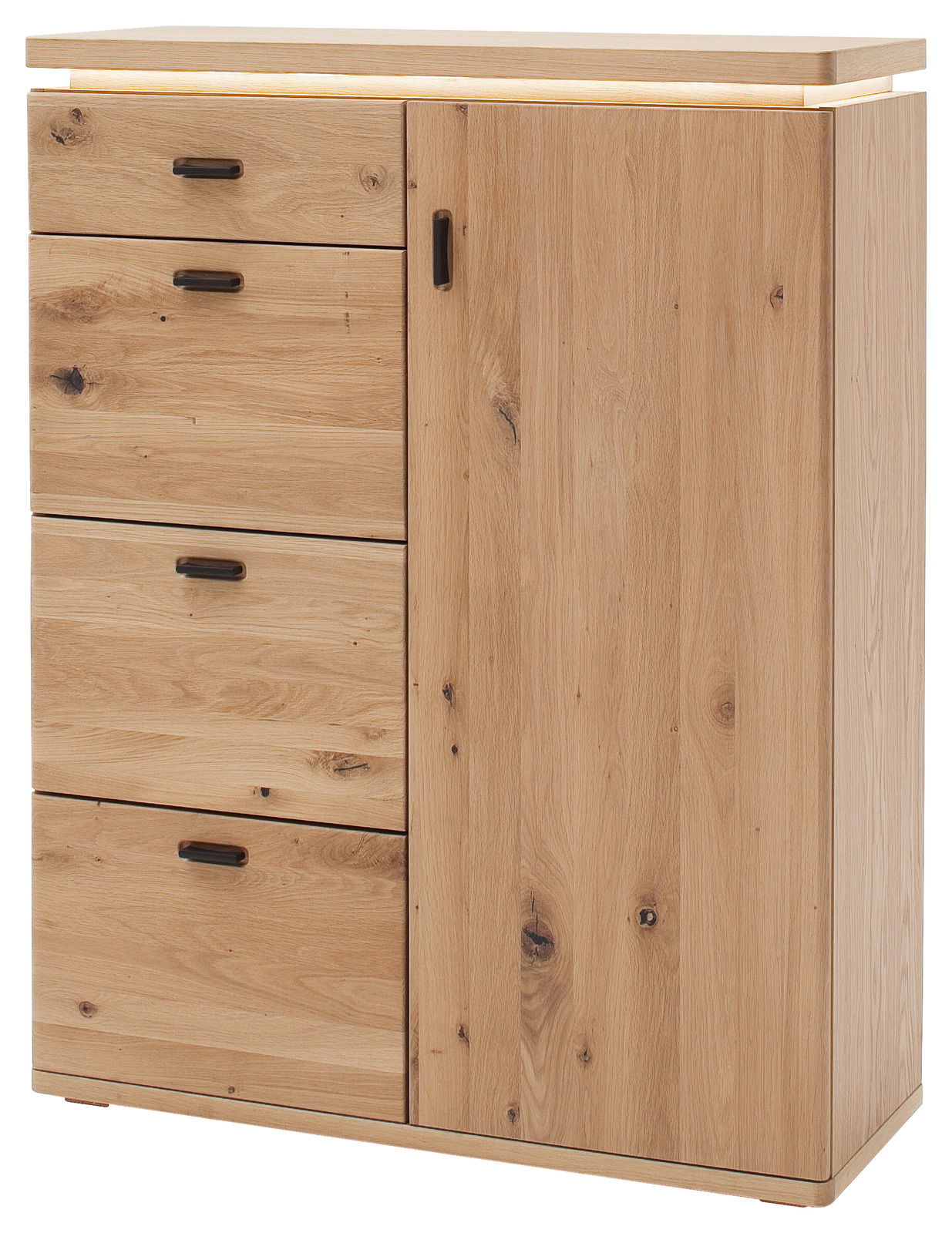 Linea Natura Hochkommode BARCELONA Hochkommode aus hellem Holz mit vier Schubladen und einer Tür, seitliche Perspektive