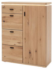 Hochkommode aus hellem Holz mit vier Schubladen und einer Tür, seitliche Perspektive