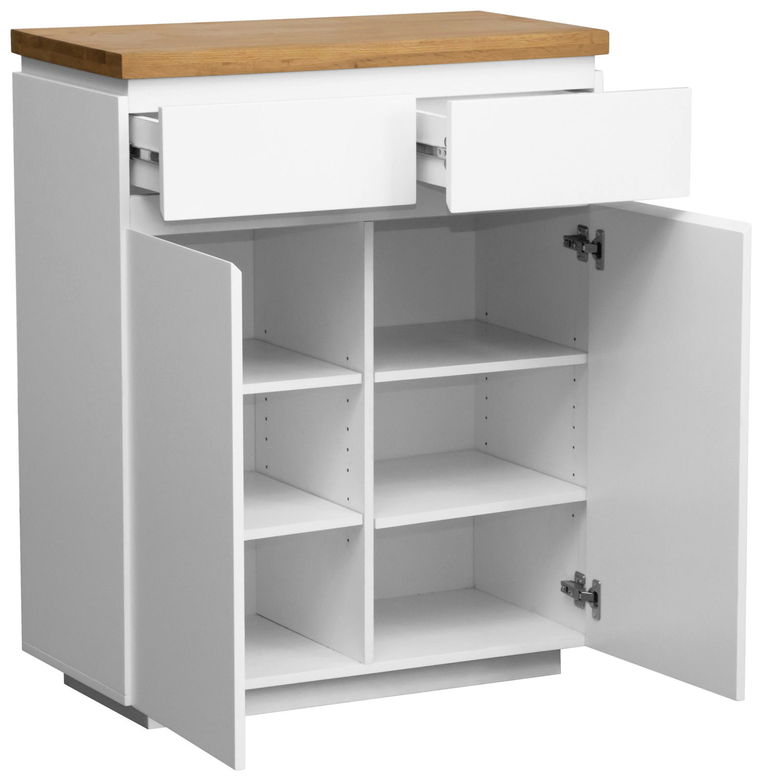 Weißer Schuhschrank mit Holztop, geöffnete Schubladen und Türen, seitliche Perspektive