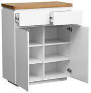 Weißer Schuhschrank mit Holztop, geöffnete Schubladen und Türen, seitliche Perspektive