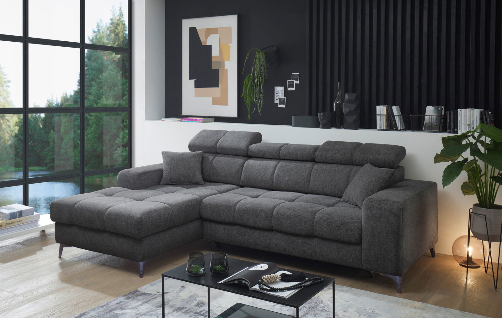 Graue Rundecke in modernem Wohnzimmer, seitliche Perspektive