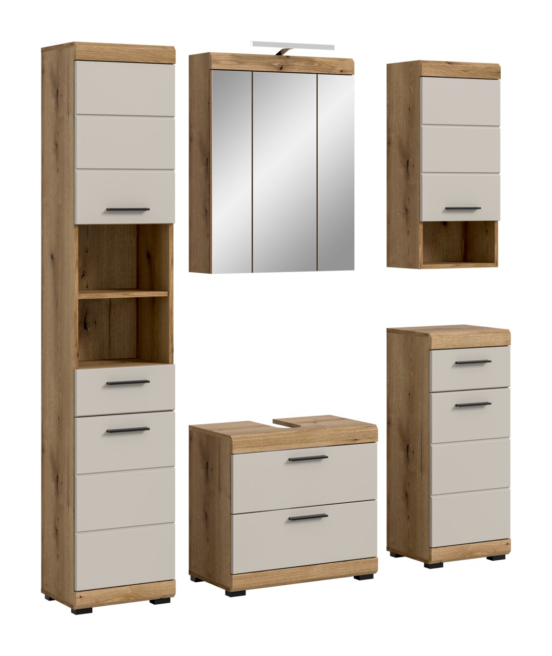 Badmöbel-Set in Eiche-Optik mit hellgrauen Fronten und schwarzen Griffen, bestehend aus Hochschrank, Spiegelschrank mit LED-Leuchte, Waschtischunterschrank und Kommode, frontal in leichter Schrägansicht dargestellt