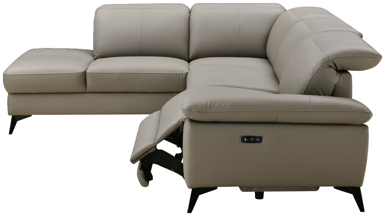 Eckgarnitur in hellgrauem Leder mit linker Ecke und rechtem Zweisitzer, Perspektive von vorne rechts, mit ausgefahrenem Fußteil.