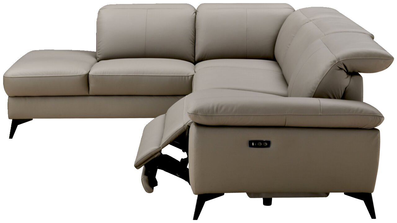 Eckgarnitur in hellgrauem Leder mit linker Ecke und rechtem Zweisitzer, Perspektive von vorne rechts, mit ausgefahrenem Fußteil.