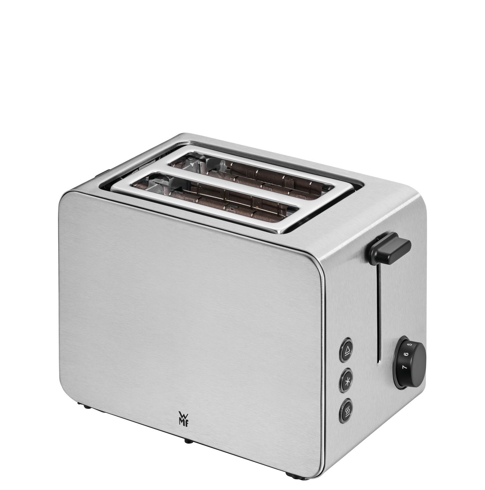 WMF Stelio Toaster Edition aus Edelstahl, seitliche Perspektive mit Bedienelementen und Toastschlitzen sichtbar.