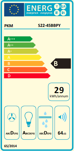 EU-Energielabel für PKM S22-45BBPY, Effizienzklasse B, 29 kWh/Jahr, Geräuschpegel 64 dB, Symbole für Ventilator, Beleuchtung, Abtauen und Lautstärke, frontale Ansicht