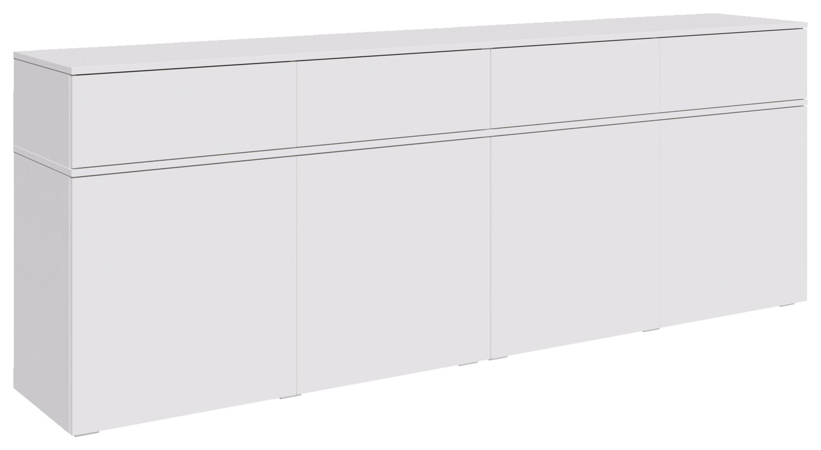 XORA Sideboard SCALE Weißes, minimalistisches Sideboard mit glatten Fronten und zwei horizontalen Fugenlinien, gezeigt in schräger Vorderansicht (leicht von links).