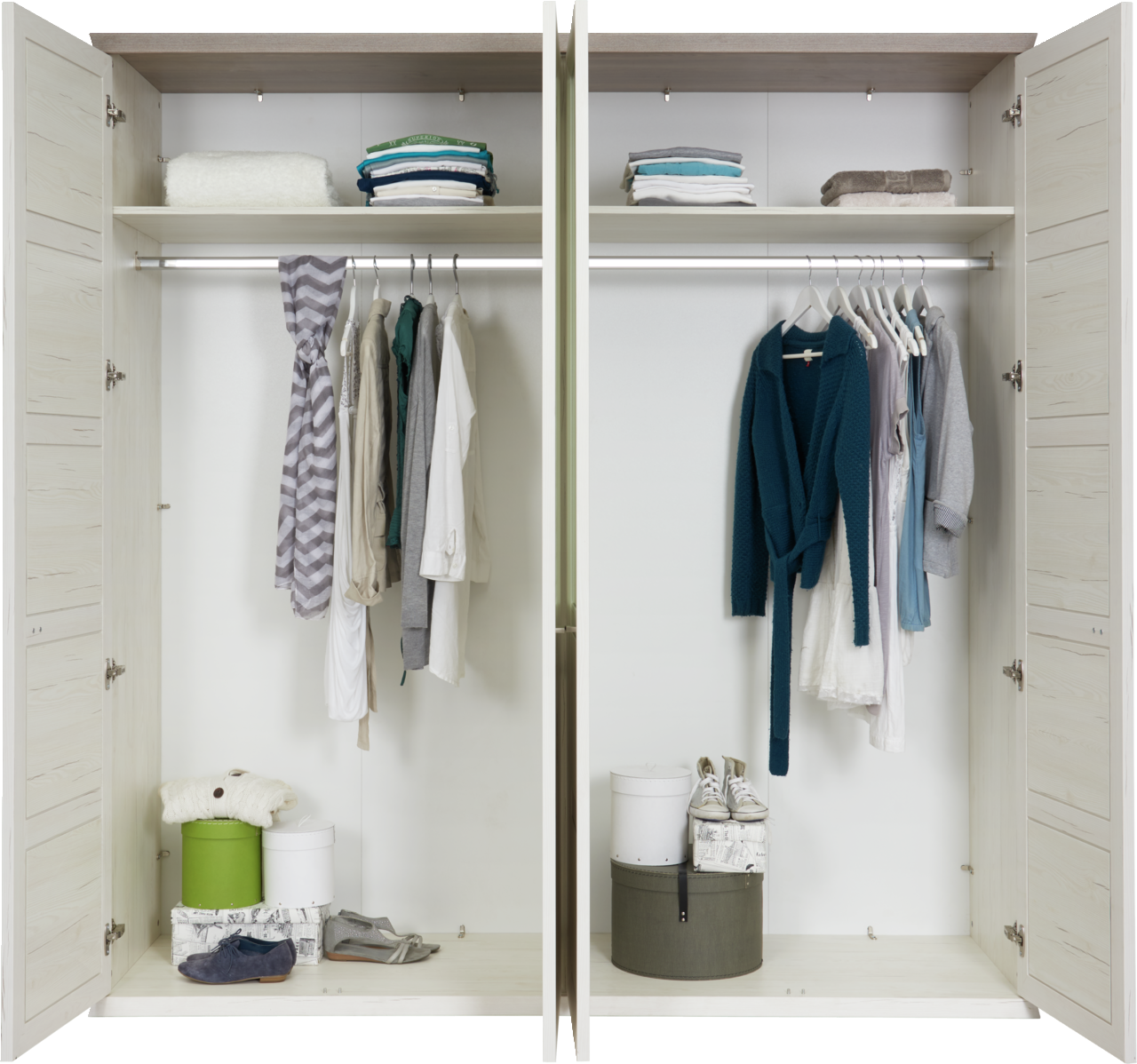 Hom´in Drehtürenschrank 4-türig CAMRON Offener 4-türiger Drehtürenschrank mit Kleidung, Schuhen und Aufbewahrungsboxen, frontal betrachtet.