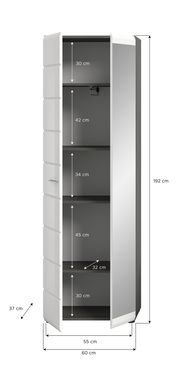 Garderobenschrank mit Spiegeltür, offene Perspektive, zeigt Innenfächer und Maße.