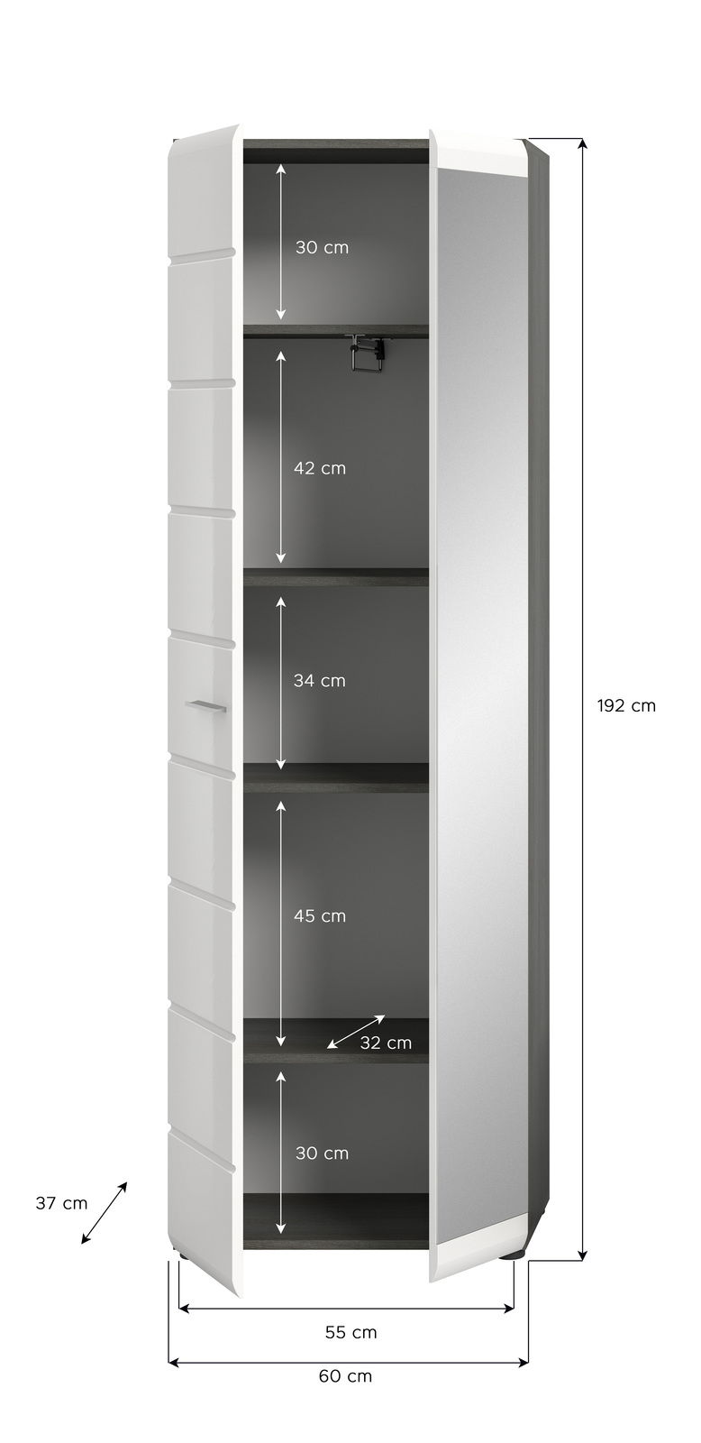 Garderobenschrank mit Spiegeltür, offene Perspektive, zeigt Innenfächer und Maße.