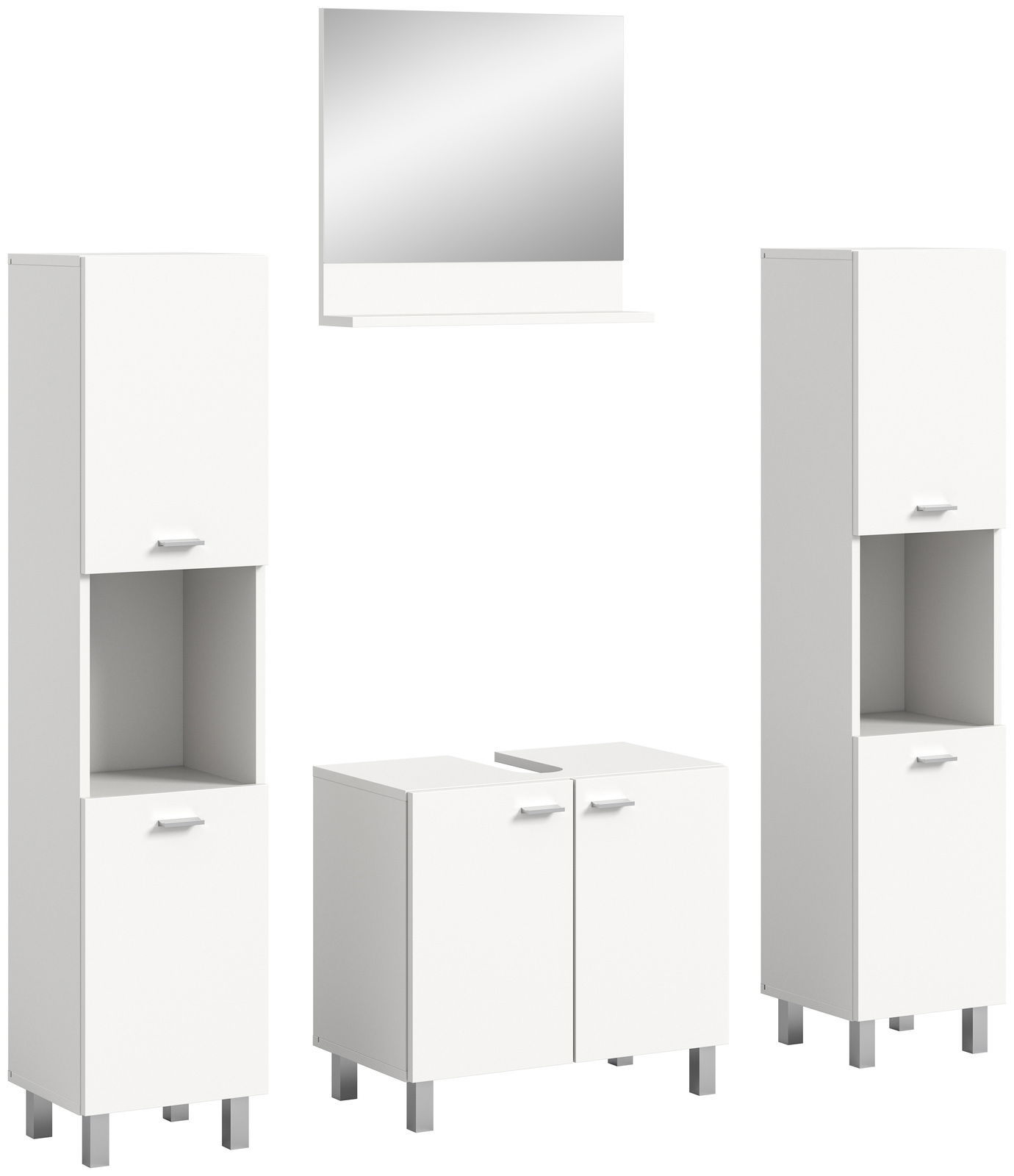 Moderne Badkombination BOSTON in Weiß, bestehend aus zwei hohen Schränken, einem Waschbeckenunterschrank und einem Wandspiegel, frontal abgebildet.