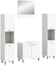 Moderne Badkombination BOSTON in Weiß, bestehend aus zwei hohen Schränken, einem Waschbeckenunterschrank und einem Wandspiegel, frontal abgebildet.