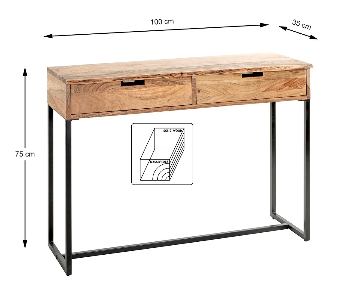 Schmaler Konsolentisch aus Massivholz mit zwei Schubladen und schwarzem Metallgestell, Maße ca. 100 x 35 x 75 cm, schräg von vorne (Front-/Seitenansicht) fotografiert