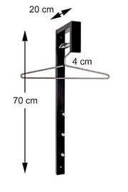Schwarzer Metall-Kleiderbügelhalter zum Einhängen über eine Tür, mit herausstehendem Bügel und Maßangaben (70 cm Höhe, 20 cm Tiefe, 4 cm Auflage) – Seitenansicht/Schrägansicht.