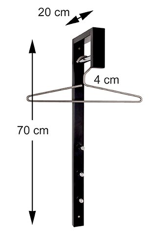 Schwarzer Metall-Kleiderbügelhalter zum Einhängen über eine Tür, mit herausstehendem Bügel und Maßangaben (70 cm Höhe, 20 cm Tiefe, 4 cm Auflage) – Seitenansicht/Schrägansicht.