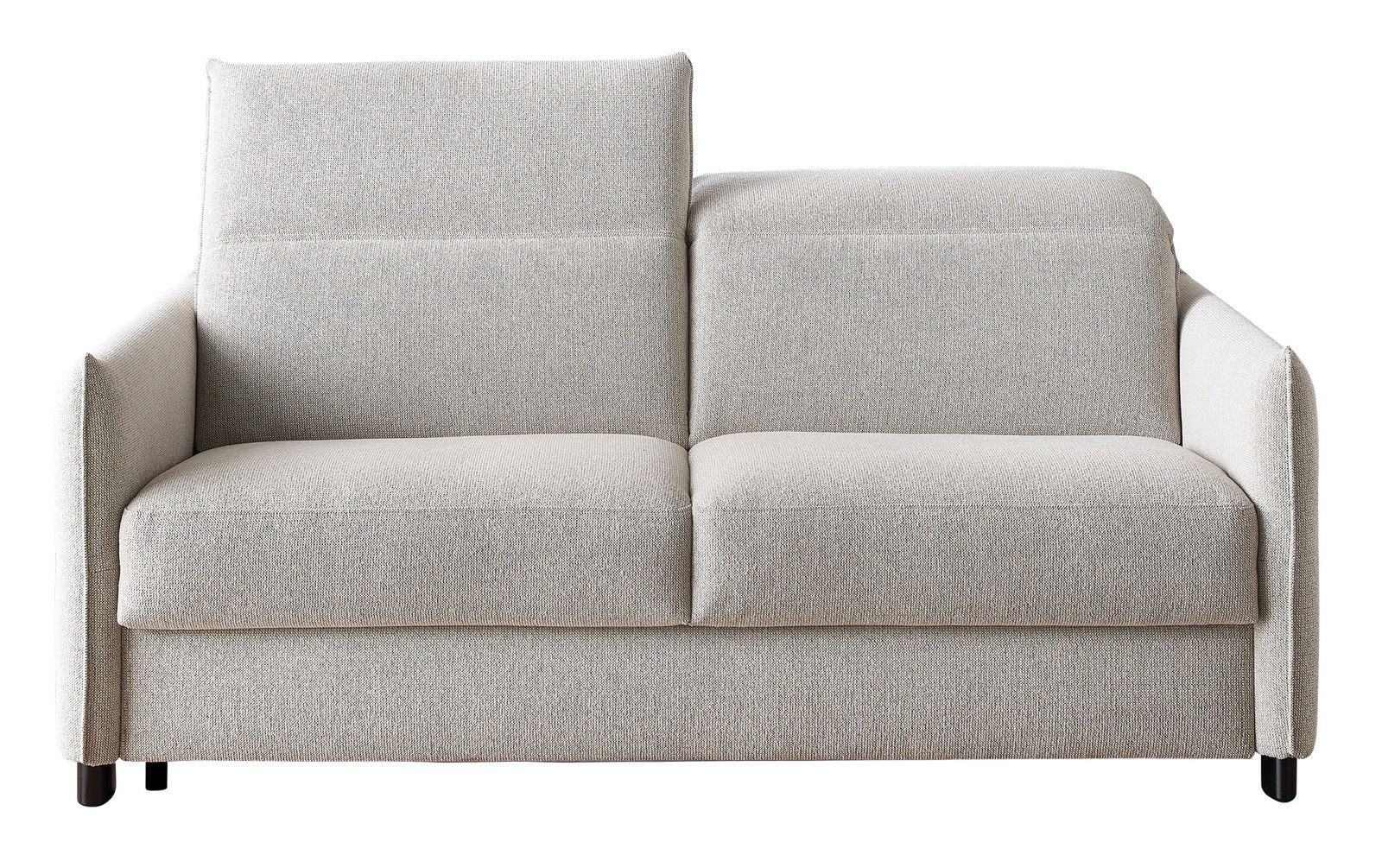 Frontale Ansicht eines modernen, hellgrauen Schlafsofas mit klaren Linien und minimalistischen Armlehnen.