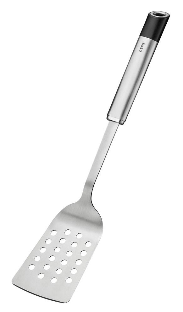 Pfannenwender PRIMELINE aus Edelstahl mit schwarzem Griff, seitliche Perspektive