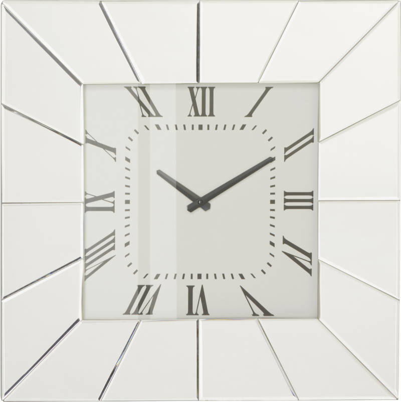 Quadratische Wanduhr mit römischen Ziffern und verspiegeltem Rahmen, Frontalansicht