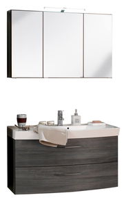 Moderne Badkombination mit Spiegelschrank und Waschbeckenunterschrank in dunkler Holzoptik, frontal betrachtet.