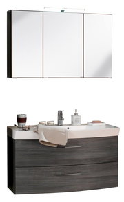 Moderne Badkombination mit Spiegelschrank und Waschbeckenunterschrank in dunkler Holzoptik, frontal betrachtet.