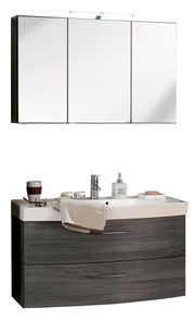 Moderne Badkombination mit Spiegelschrank und Waschbeckenunterschrank in dunkler Holzoptik, frontal betrachtet.