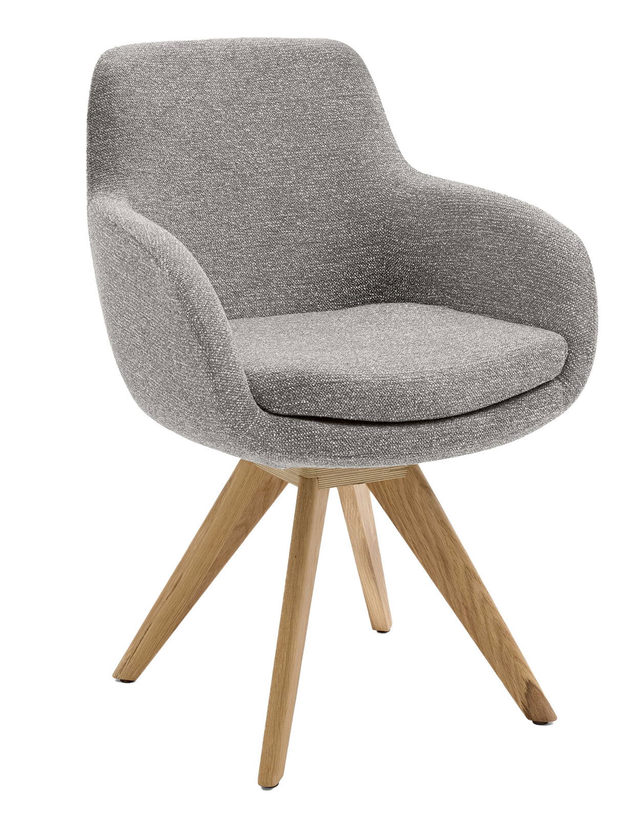 Grauer Armlehnstuhl mit Holzbeinen, seitliche Perspektive