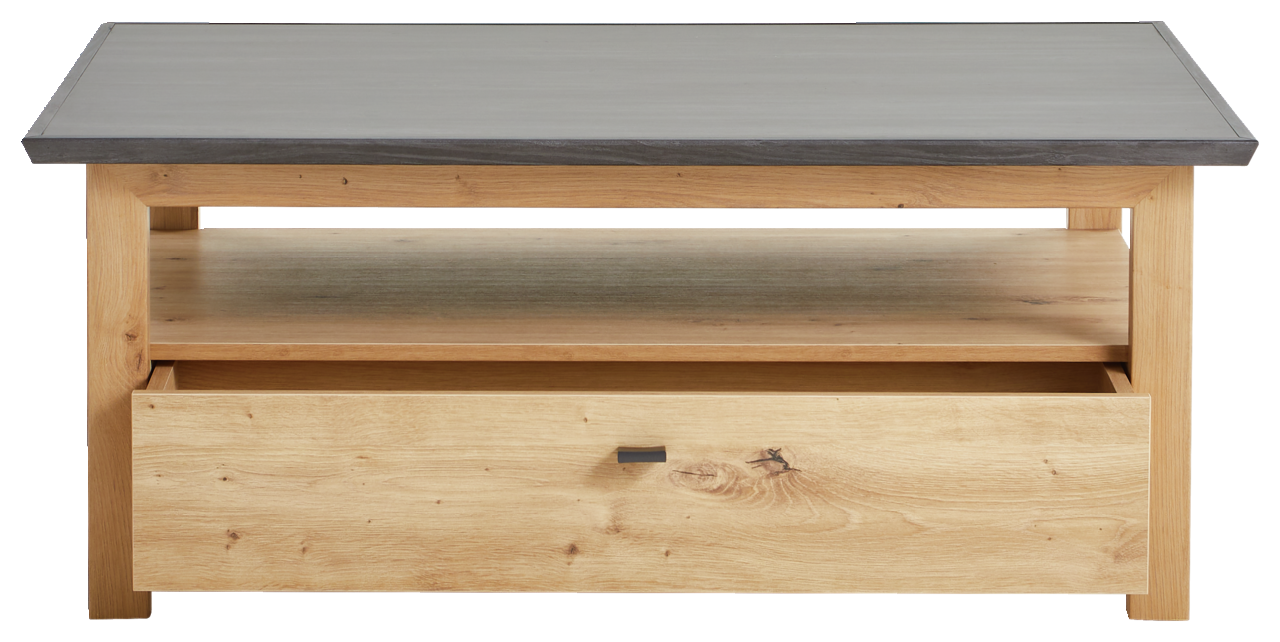 Moderner Couchtisch aus Holz mit Schublade und Ablagefläche, Frontalansicht