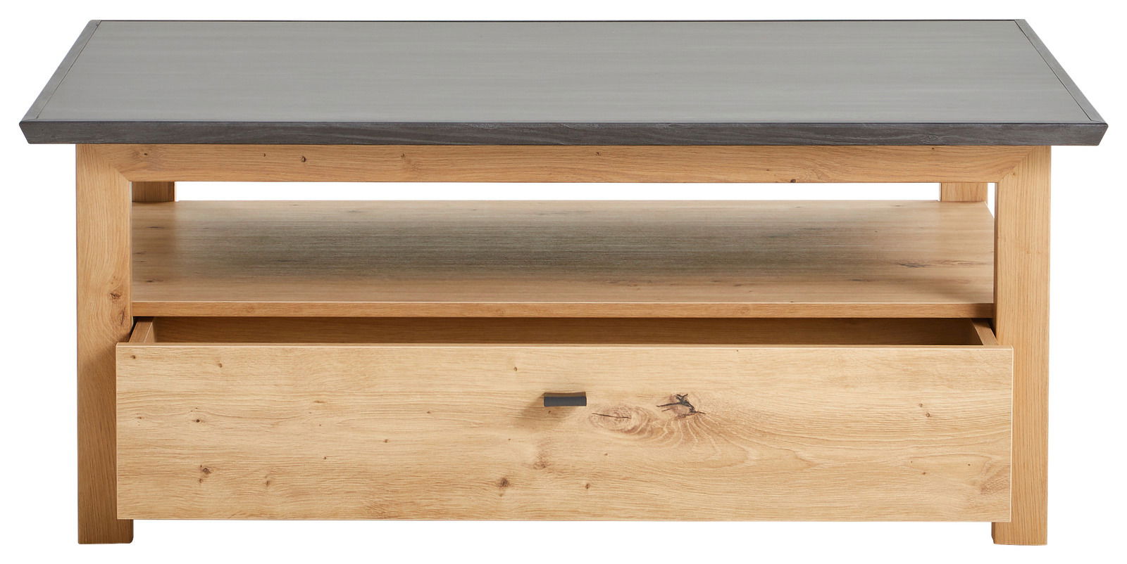 Moderner Couchtisch aus Holz mit Schublade und Ablagefläche, Frontalansicht