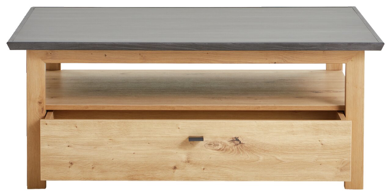 Moderne houten salontafel met lade en opbergvlak, vooraanzicht