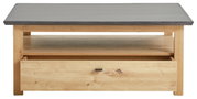 Moderne houten salontafel met lade en opbergvlak, vooraanzicht