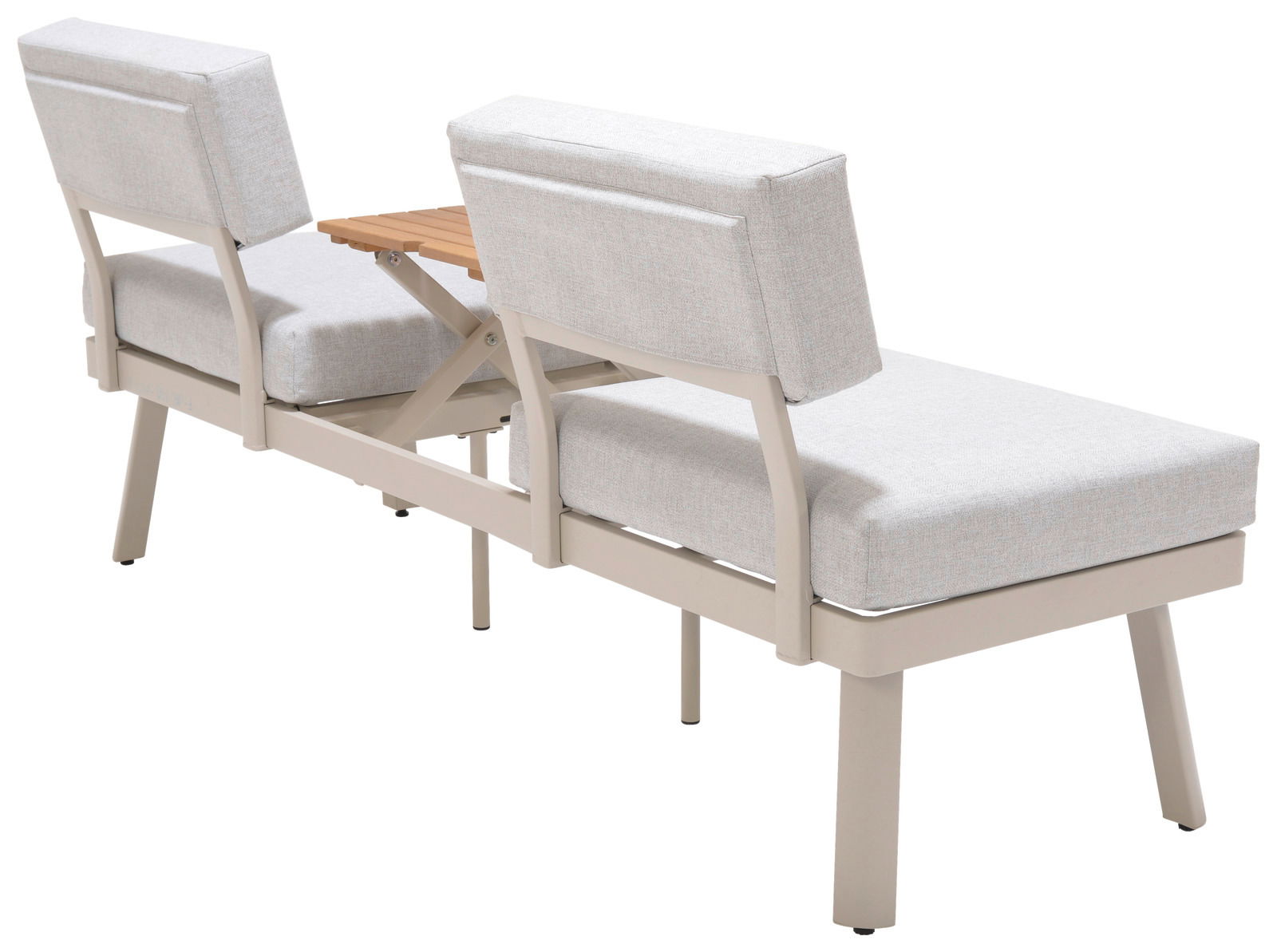 Rückansicht einer Lounge-Kombination mit zwei gepolsterten Sitzen in hellem Grau und einem kleinen Holztisch in der Mitte.