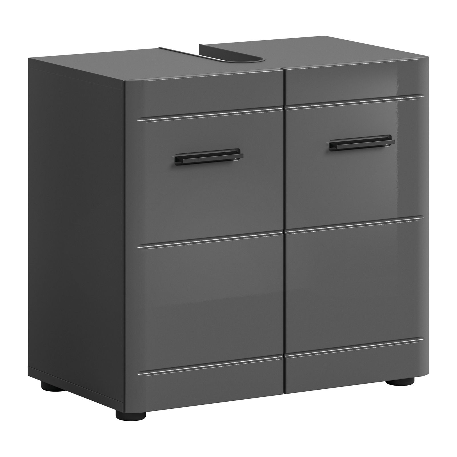 Grauer Waschbeckenunterschrank mit zwei Türen und schwarzen Griffen, perspektivisch von vorne links betrachtet.