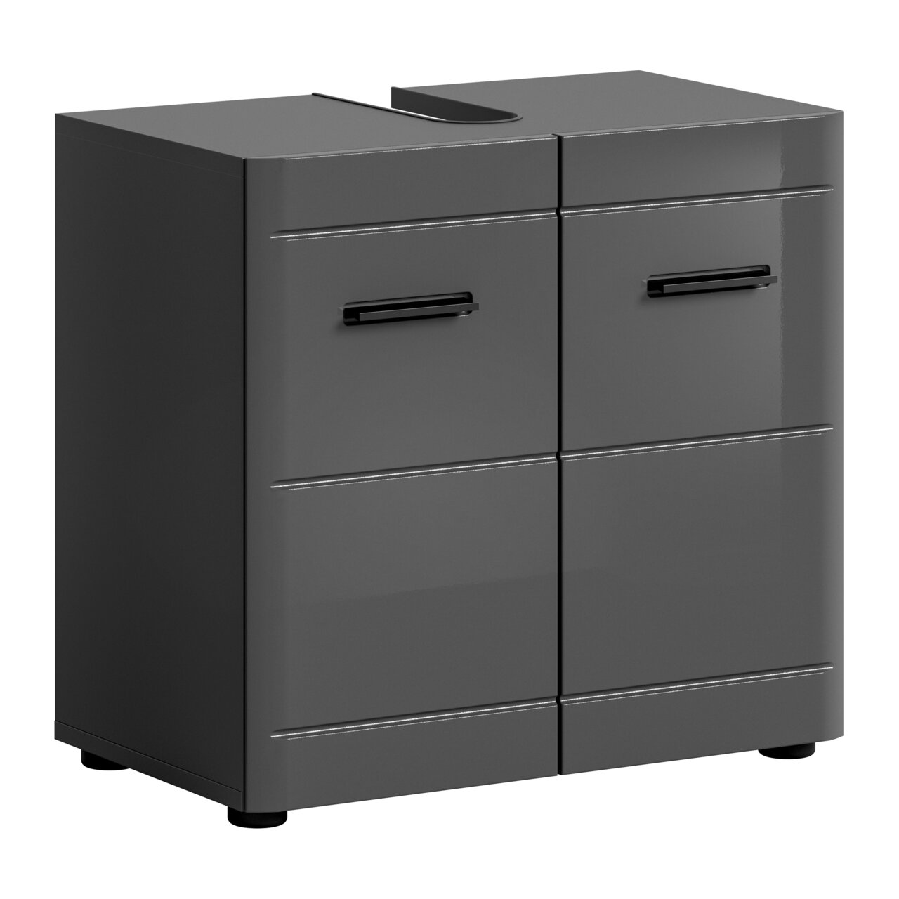 MID.YOU Waschbeckenunterschrank SOFT Grauer Waschbeckenunterschrank mit zwei Türen und schwarzen Griffen, perspektivisch von vorne links betrachtet.